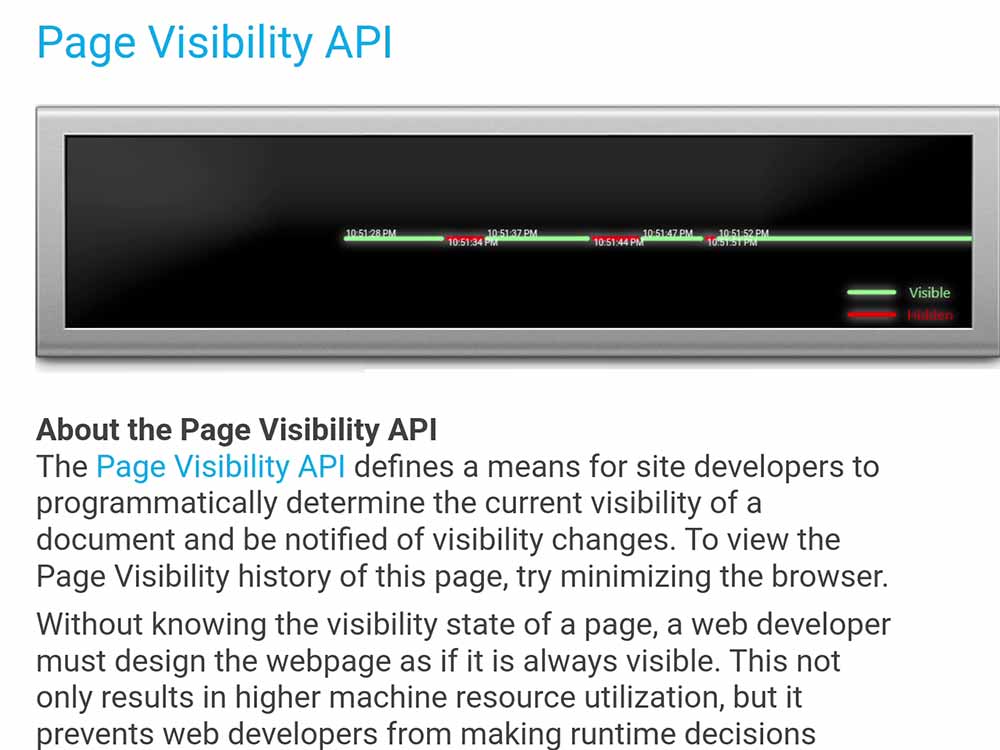 Screenshot of the Page Visibility API tool
