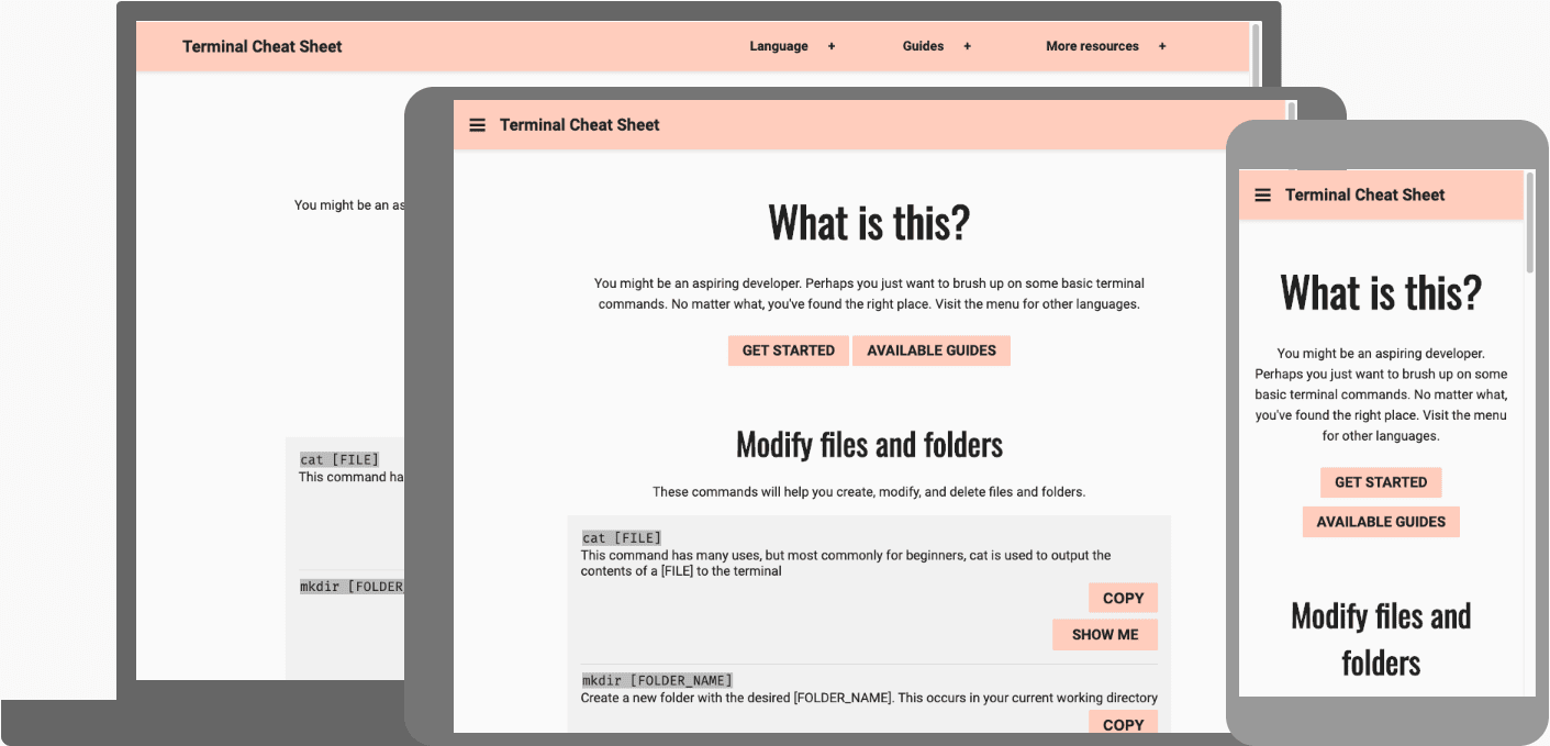 Screenshot of Terminal Cheat Sheet project on multiple devices